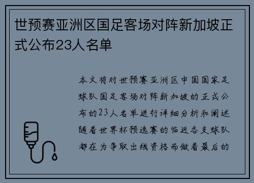 世预赛亚洲区国足客场对阵新加坡正式公布23人名单