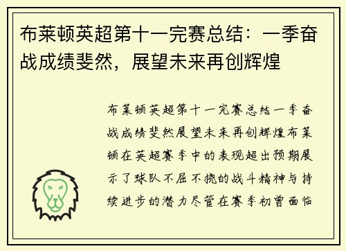 布莱顿英超第十一完赛总结：一季奋战成绩斐然，展望未来再创辉煌